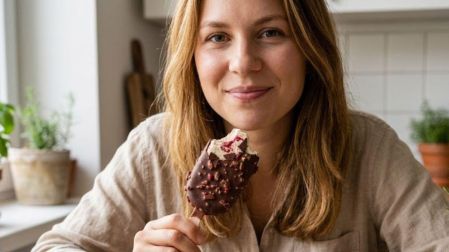 Receta paletas tipo Magnum con kéfir y relleno de fresa