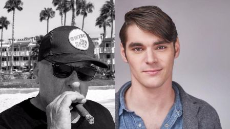 Dean Norris con gorra y lentes oscuros fumando un puro, junto a un retrato de RJ Mitte con camisa azul y saco gris.