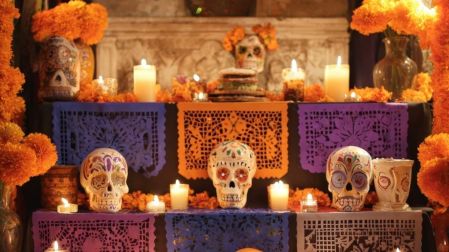 Ofrenda de Día de Muertos decorada con flores de cempasúchil, veladoras, pan de muerto y fotografías de familiares fallecidos.