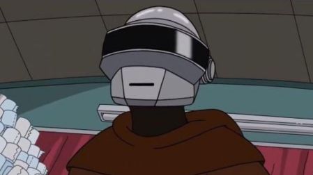 Apu de Los Simpson disfrazado de Daft Monk, con casco gris de visor negro y túnica marrón.