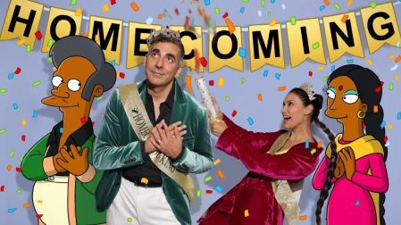 Sunil Malhotra y Janina Gavankar celebran el regreso de Apu a Los Simpson junto a los personajes animados Apu y Manjula.
