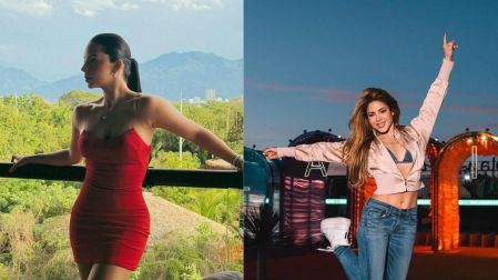 Ángela Aguilar posa con vestido rojo a la izquierda y Shakira sonríe con jeans y chaqueta rosa a la derecha.