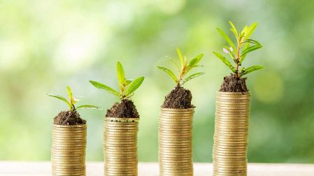 Columnas de monedas que muestran el crecimiento económico.
