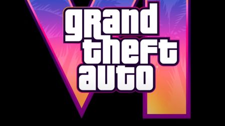 Portada de videojuego GTA 6 con fondo azul y logo con palmeras