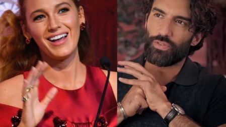 Blake Lively con vestido rojo y Justin Baldoni con playera negra