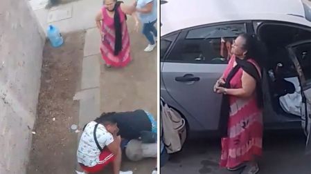 Imagen dividida del caso de Doña Carlota en Chalco: a la izquierda, personas auxiliando a los hombres heridos tras el presunto ataque armado; a la derecha, Doña Carlota descendiendo de un automóvil con el arma aún en mano, en el contexto de una confrontación por ocupación ilegal de vivienda.