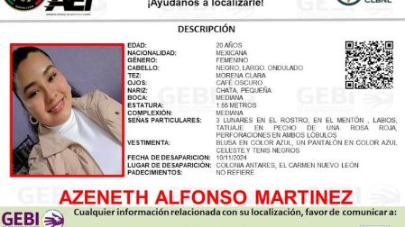 Ficha por desaparición de Azeneth Alfonso Martínez. (Especial)