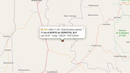Mapa sismo hoy 20 de noviembre de 2023 en Cerritos, SLP