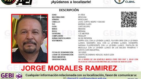 Señor de 61 años desaparecido en Nuevo León al salir a trabajar
