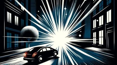 Ilustración estilizada de una escena nocturna en la ciudad, con la silueta de un coche estacionado y un destello de luz simbolizando la defensa de un conductor contra los asaltantes, transmitiendo vigilancia y rápida respuesta.