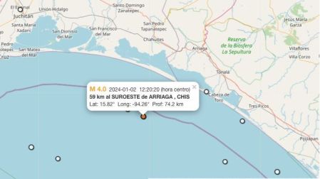 Mapa sismo hoy 2 de enero de 2024 en Arriaga, Chiapas