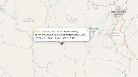 Mapa sismo hoy 2 de enero de 2024 en Matías Romero, Oaxaca