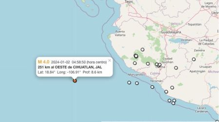 Mapa sismo hoy 2 de enero de 2024 en Cihuatlán, Jalisco