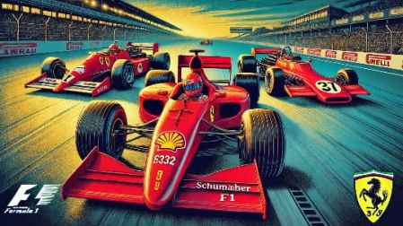 Ilustración que muestra tres legendarios monoplazas de Fórmula 1 de la colección de Bernie Ecclestone. Incluye el Ferrari F2002, en rojo brillante y moderno, el Ferrari 312B3, con diseño clásico de los años 70, y el Ferrari 375 F1, un modelo vintage de los años 50. Los autos están dispuestos sobre una pista de carreras con iluminación dramática y un fondo de tribunas al atardecer, evocando la grandeza de la Fórmula 1 en diferentes épocas.