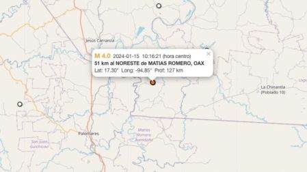 Mapa sismo hoy 15 de enero de 2024 en Matías Romero, Oaxaca