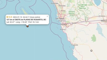 Mapa sismo hoy 15 de enero de 2024 en Playas de Rosarito, Baja California