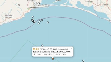 Mapa sismo hoy 15 de enero de 2024 en Salina Cruz, Oaxaca