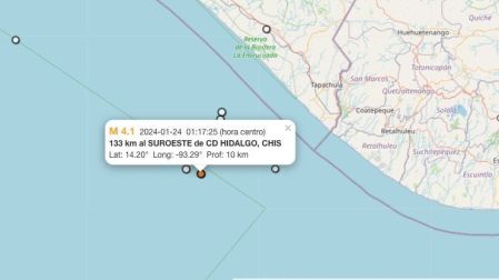 Mapa sismo hoy 24 de enero de 2024 en Ciudad Hidalgo, Chiapas