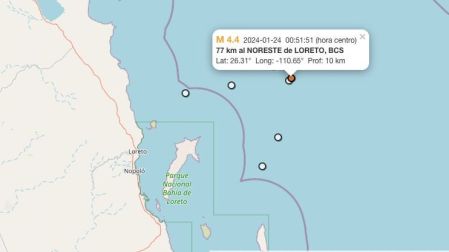Mapa sismo hoy 24 de enero de 2024 en Loreto, BCS