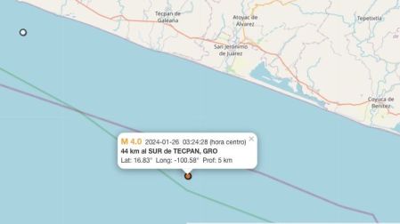 Mapa sismo hoy 26 de enero de 2024 en Técpan de Galeana, Guerrero