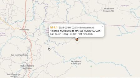 Mapa sismo hoy 9 de febrero de 2024 en Matías Romero, Oaxaca