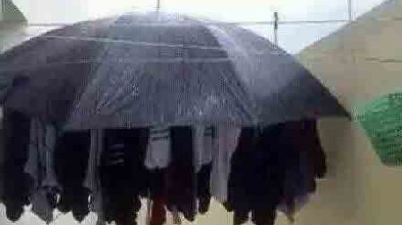 LLUEVE Y BAJO EL PARAGUAS ESTÁN TENDIDOS DECENAS DE CALCETINES LAVADOS