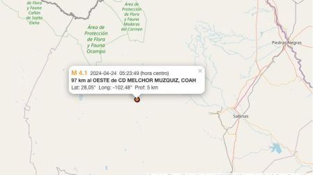 Temblor hoy 24 de abril de 2024 en Múzquiz, Coahuila