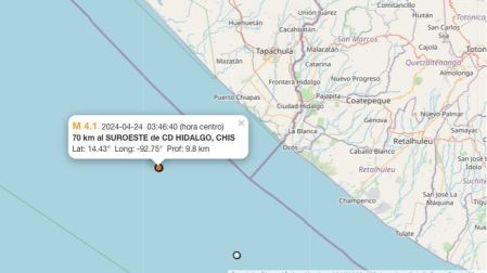 Temblor hoy 24 de abril de 2024 en Ciudad Hidalgo, Chiapas