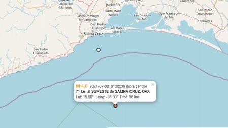 Temblor hoy 8 de julio de 2024 en Salina Cruz, Oaxaca