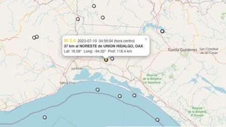 Mapa sismo hoy 10 de julio de 2023 en Unión Hidalgo, Oaxaca