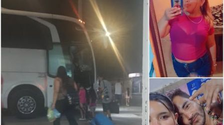 Pareja tomándose una selfie y otras fotos justo antes de subir a un autobús