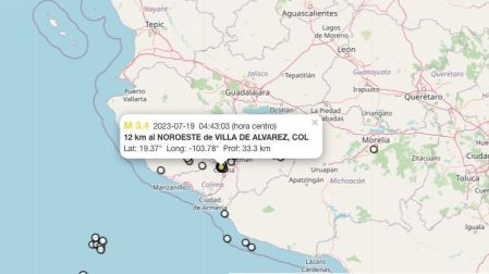 Mapa sismo hoy 19 de julio de 2023 en Villa de Álvarez, Colima