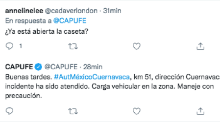 Tweet donde CAPUFE informa que la México-Cuernavaca fue reabierta