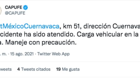 Tweet donde Capufe informa que se registra abundante carga vehícular tras accidente de motociclistas