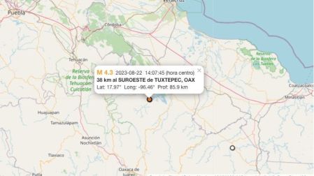 Mapa sismo hoy 22 de agosto de 2023 en Tuxtepec, Oaxaca