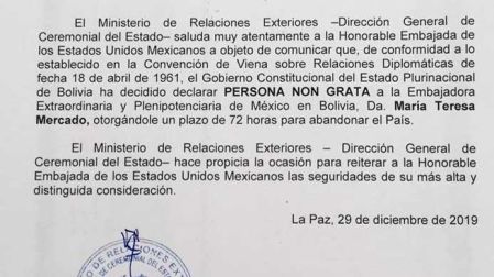Documento en el que Bolivia declara "persona non grata" a la diplomática mexicana María Teresa Mercado. Imagen: Especial