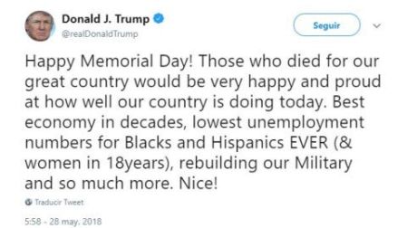 Trump rinde homenaje a soldados en Día de los Caídos