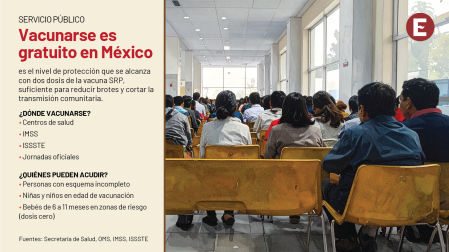 Ilustración editorial de un centro de salud público donde se aplica la vacuna SRP de manera gratuita.