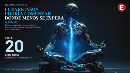 Figura humana estilizada con iluminación interna que conecta abdomen y cerebro mediante líneas sutiles, representando el eje intestino-cerebro en el Parkinson.