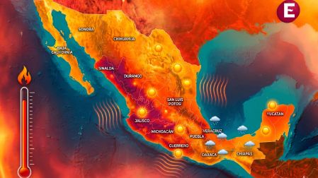 Mapa de México mostrando los estados afectados por la ola de calor y temperaturas de 45 grados según el pronóstico del SMN