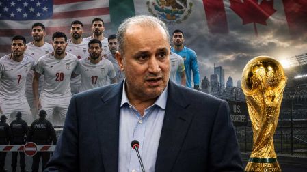 Ilustración del presidente de la Federación de Fútbol de Irán, Mehdi Taj y la selección de su país.