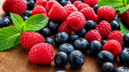 Frambuesas y arándanos frescos sobre una superficie de madera, productos representativos de la industria de berries.
