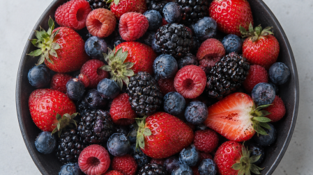 Fresas, arándanos, frambuesas y zarzamoras frescas en un recipiente, representativas de la industria de berries.