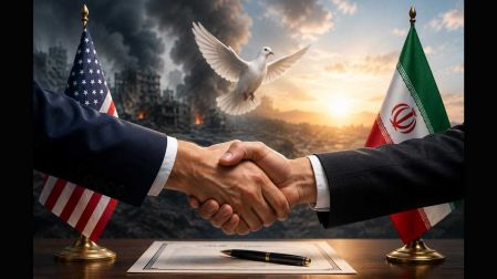 Ilustración sobre un posible acuerdo de paz entre EU e Irán.