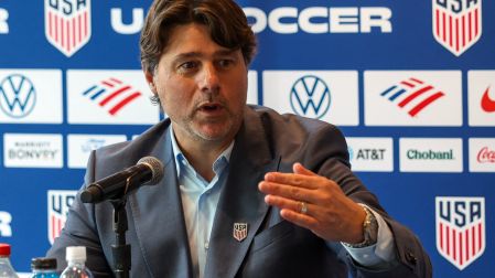 The US Men's National Team's (USMNT) head coach Argentine Mauricio Pochettino speaks during the announcement of the USMNT 2026 World Cup roster in New York, on May 26, 2026. (Photo by TIMOTHY A. CLARY / AFP)