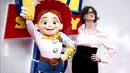 US actor Joan Cusack poses with her character Jessie upon arrival to attend the red carpet for the UK launch event of the film 'Toy Story 5' in London on May 28, 2026. Henry NICHOLLS / AFP