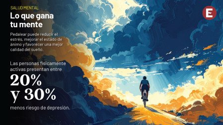 Ilustración editorial de un ciclista cruzando un puente entre un entorno caótico y un paisaje tranquilo como metáfora de la reducción del estrés y la ansiedad.
