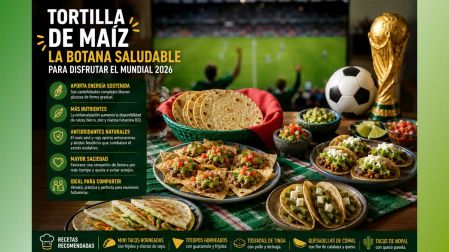 Infografía sobre los beneficios de la tortilla de maíz como botana saludable.