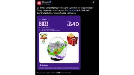 Cinemex reveló el precio de la palomera de Buzz Lightyear.