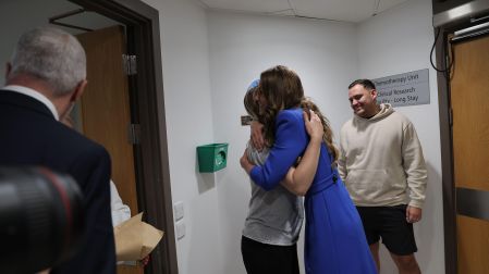 The Princess of Wales meets Claire Lorente, 30, after she rang the bell marking the end of her treatment during a visit to The Christie NHS Foundation Trust in Manchester. Picture date: Thursday June 4, 2026.